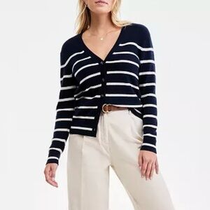 Charter Club Women's 100% Cashmere V-neck Cardigan in Admiral Navy Combo Size XS